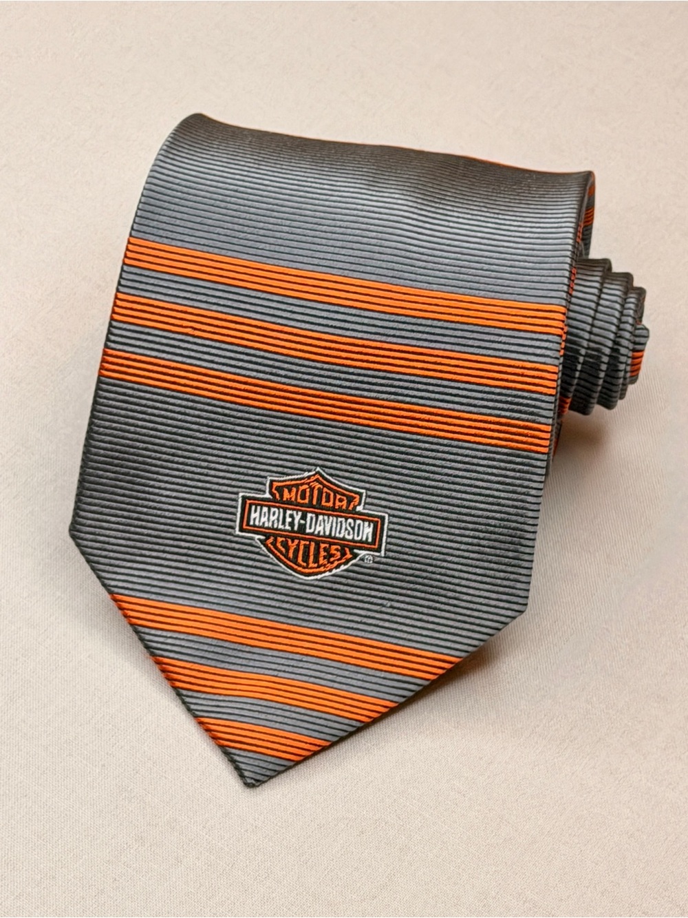 Harley Davidson Motor Cycles Necktie 100% Silk - Gun Metal/Orange Striped